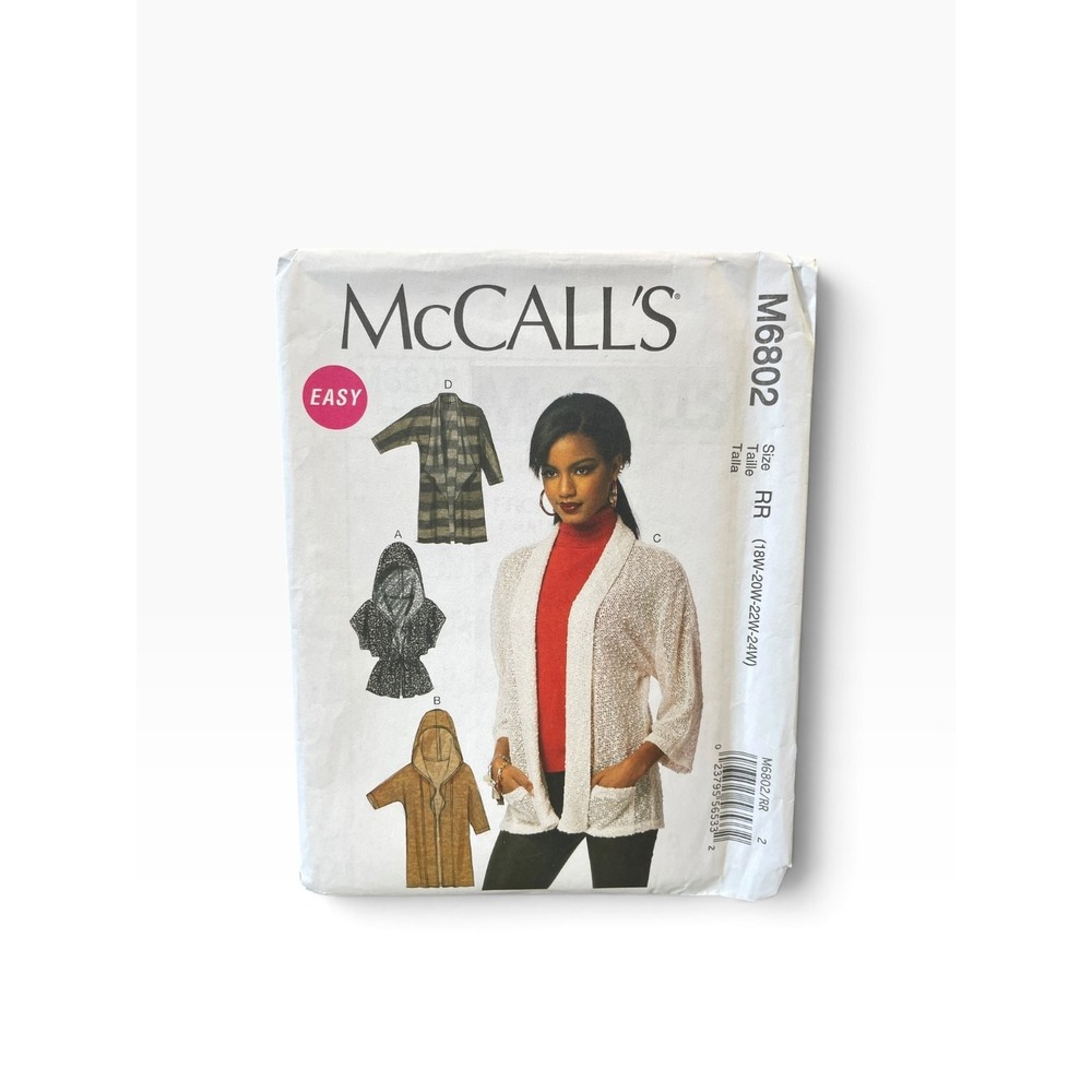 McCall's M6802 Women's Cardigan RR (18W-24W) Easy Knit Hoodie Jacket Uncut